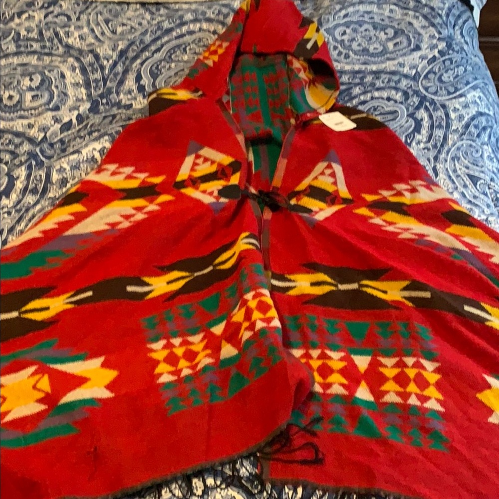 Red/ multi colored wool like hooded poncho. NWT